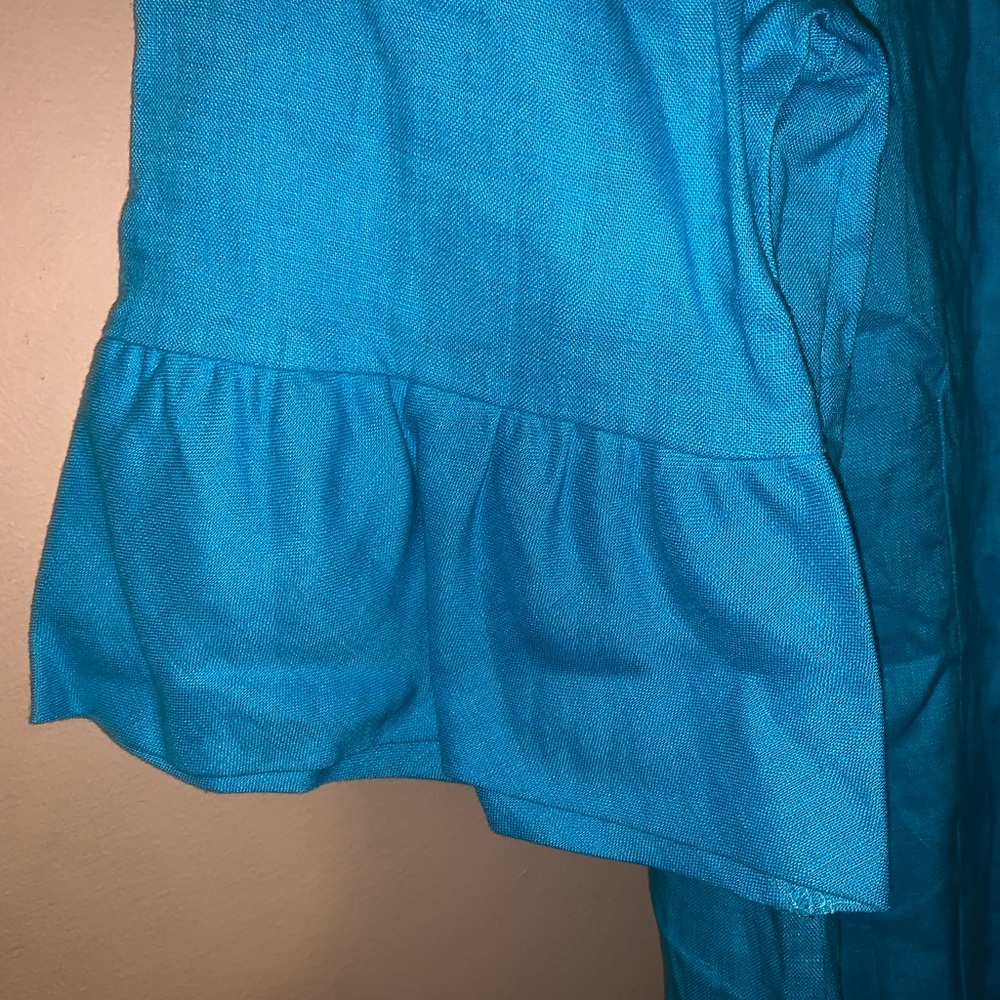 Choices woman 1X linen collared blouse blue full button flutter sleeve - Picture 2 of 8